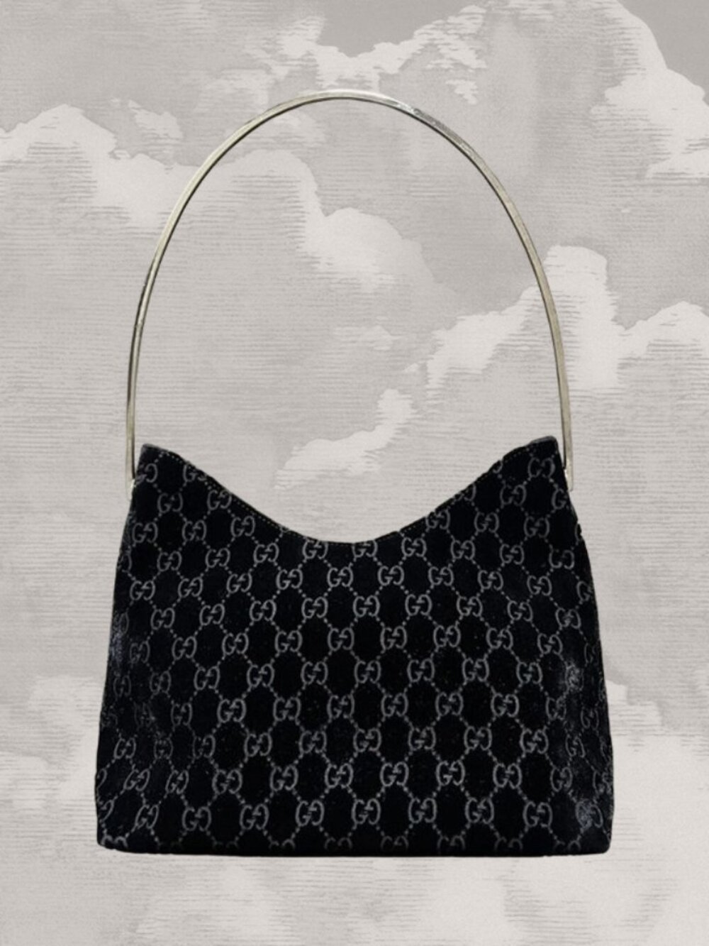 GUCCI Rare Tom Ford Runway Velvet Shoulder Bag 90s Y2K Chrome handle Black